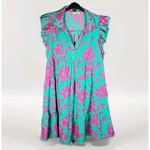 Umgee Dresses & Skirts - Umgee Floral Teired Mini Shift Dress 1XL Blue Pink Dopamine Boho Fairy